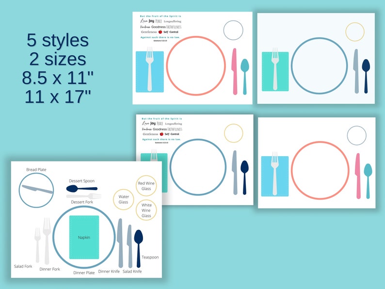 Informal and formal place settings placemats to teach kids to set the table. 8.5" x11" 11"x17"