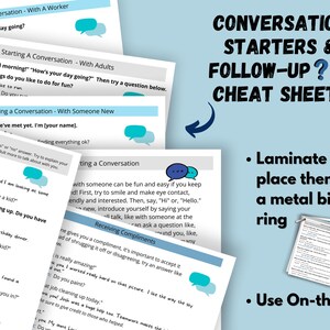 Op de afbeelding: Gespreksstarters en follow-up-cheat sheets met kleurrijke spraakballonnen. Lamineer en plaats ze op een metalen ringband. Gebruik onderweg.