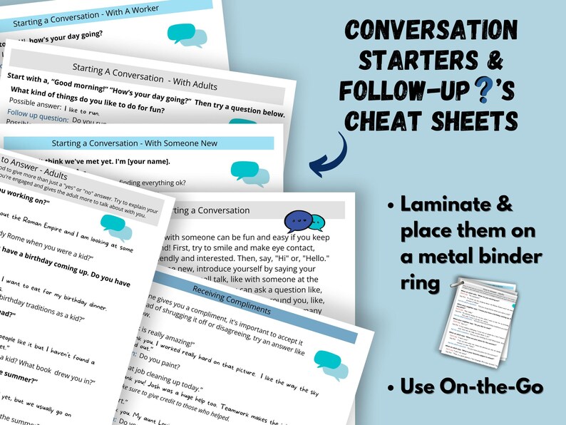 Op de afbeelding: Gespreksstarters en follow-up-cheat sheets met kleurrijke spraakballonnen. Lamineer en plaats ze op een metalen ringband. Gebruik onderweg.