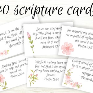 40 scripture card set. Encouraging bible verse cards with dark gray script handwriting with beautiful pink watercolor flowers with green leaves. Cards 2.75 x 4.25" Psalm 23:3, Psalm 73:26, Proverbs 30:5, Hebrews 43