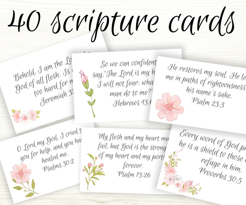 40 scripture card set. Encouraging bible verse cards with dark gray script handwriting with beautiful pink watercolor flowers with green leaves. Cards 2.75 x 4.25" Psalm 23:3, Psalm 73:26, Proverbs 30:5, Hebrews 43