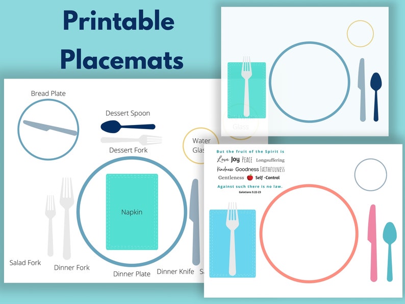 Printable placemats for kids to learn how to set the table. One is a formal place setting the other shows a basic place setting that shows the proper placement of a plate, fork, knife, spoon, napkin, and glass.