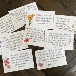 May include: A set of 10 inspirational cards with floral designs and bible verses. The cards feature quotes about peace, faith, and hope.