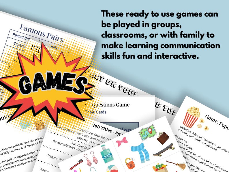 Op de afbeelding: Een verzameling afdrukbare educatieve spellen voor kinderen. De spellen zijn ontworpen om het leren van communicatieve vaardigheden leuk en interactief te maken. De spellen omvatten onderwerpen zoals beroemde paren, functiebenamingen, vragen en popcorn.