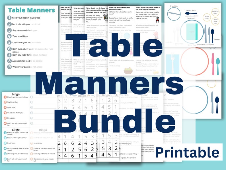 Table Manners for kids. Printable PDF bundle that has placemats, Bingo games, Table Manner Cards, and Table Manner posters.  Dining Etiquette kit.