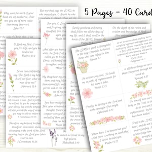 Digital PDF 8.5 x 11 pages with 8 scripture cards on each page. The cards are white with pink, lavender, and dark pink watercolor flowers. Encouraging bible verses Ephesians 6:10, Psalm 23:3, Romans 8:37, Philippians 4:6-7, 1 Peter 2:24, Proverbs 3:5