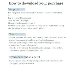 May include: A white background with black text explaining how to download a purchase from Etsy on a computer or phone. The text includes instructions for downloading purchases made as a guest.