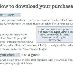 Op de afbeelding: Instructies over hoe je een aankoop van Etsy.com kunt downloaden. De instructies zijn voor zowel computer- als mobiele gebruikers. De tekst vermeldt dat je een mobiele telefoon kunt gebruiken, maar niet de Etsy-app. Je moet de internetbrowser gebruiken en inloggen op Etsy.com.