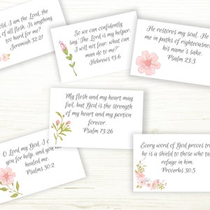 Small bible cards with encouraging scriptures. Each card has a different beautiful pink flower with green foliage.  Bible Verses on the cards are Psalm 73:26, Proverbs 30:5, Hebrews 13:6, Jeremiah 32:27, Psalm 30:2