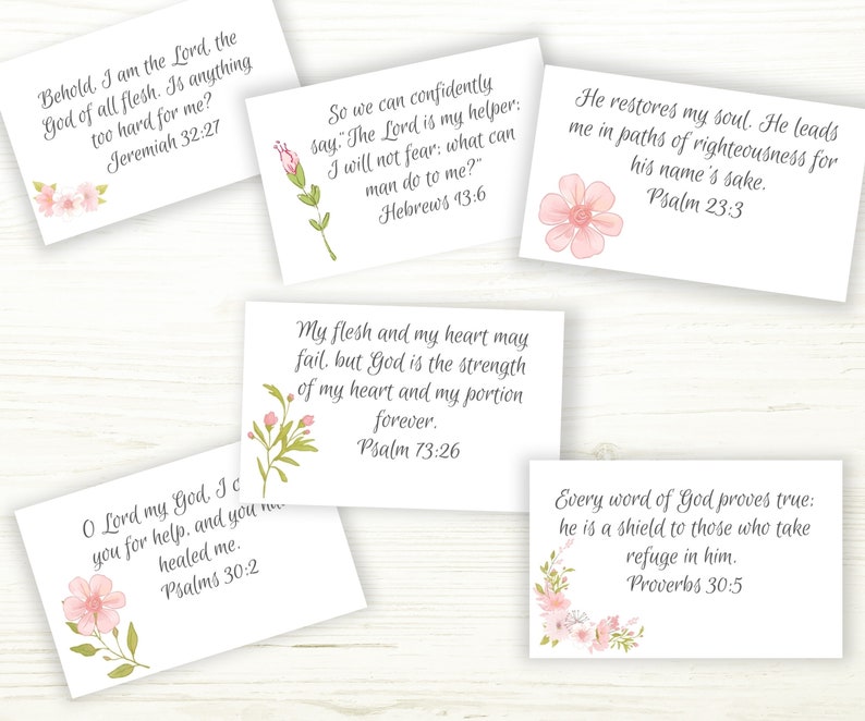 Small bible cards with encouraging scriptures. Each card has a different beautiful pink flower with green foliage.  Bible Verses on the cards are Psalm 73:26, Proverbs 30:5, Hebrews 13:6, Jeremiah 32:27, Psalm 30:2