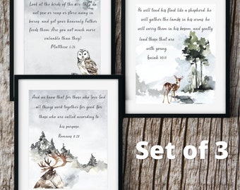 Printable Nature Wall Art Set of 3 Owl, Deer, Elk | Home Decor | Scripture Art | Watercolor | Home Decor | Nursery | Cabin | Office |