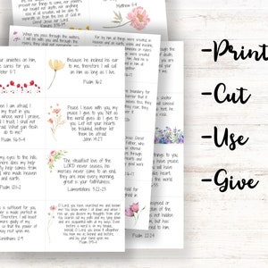 May include: Printable cards with inspirational Bible verses and floral illustrations. Each card features a different verse and a watercolor floral design. The cards are designed to be printed, cut, used, and given away.