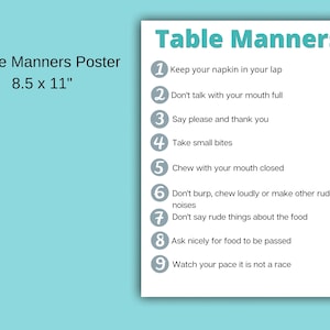 Printable good table manners poster. standard paper size.  White background blue Table Manners Title. Shows a list of dining etiquette for kids like Keep your napkin in your lap, don't talk with your mouth full, and say please and thank you. Etc.