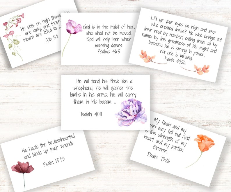 May include: Set of 10 inspirational quote cards with watercolor floral designs. Each card features a different Bible verse and a floral illustration. The cards are printed on white cardstock and are perfect for adding a touch of faith and beauty to your home or office.