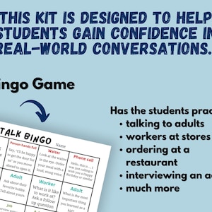 Op de afbeelding: Een blauwe en witte bingokaart met de titel "Talk Bingo" en vakjes met zinnen zoals "Vraag een volwassene naar zijn of haar favoriete hobby" en "Hoe is het om hier te werken? Stel een vervolgvraag". De kaart is ontworpen om leerlingen te helpen oefenen met gesprekken in de echte wereld met volwassenen.