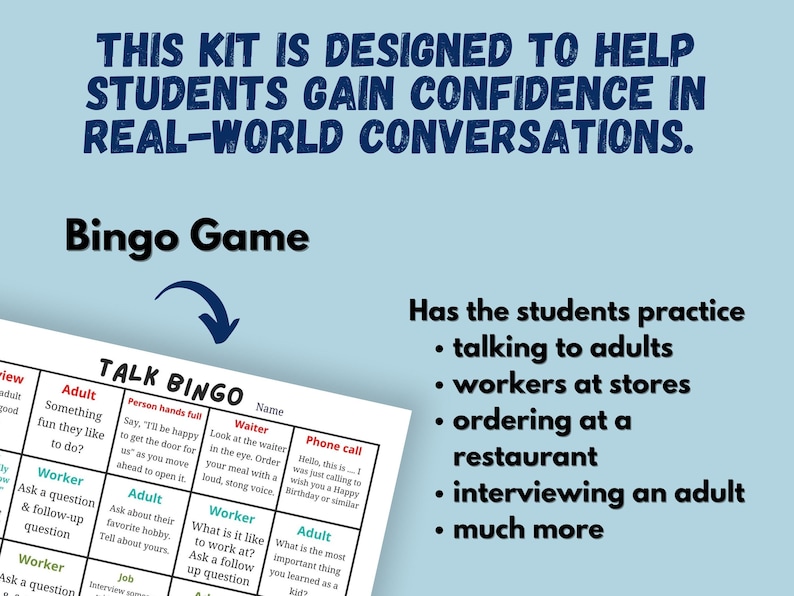 Op de afbeelding: Een blauwe en witte bingokaart met de titel "Talk Bingo" en vakjes met zinnen zoals "Vraag een volwassene naar zijn of haar favoriete hobby" en "Hoe is het om hier te werken? Stel een vervolgvraag". De kaart is ontworpen om leerlingen te helpen oefenen met gesprekken in de echte wereld met volwassenen.