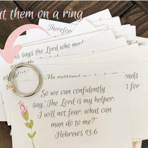 Stack of small bible verse cards sitting on a dark brown wood table. The first card has a pink flower that is on a green stem. a silver book ring lies on the top of the stack of cards. The notes on the photo says "put them on a ring"
