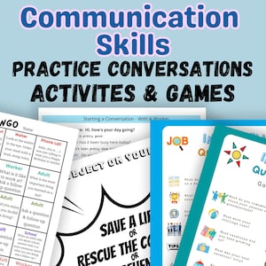 Op de afbeelding: Een set printbare communicatievaardigheidsactiviteiten en -spellen voor kinderen. De spellen omvatten een bingokaart, een gespreksstarter, een blad met idee&euml;n voor sollicitatiegespreksvragen en een spel "Een leven redden of de bemanning redden".
