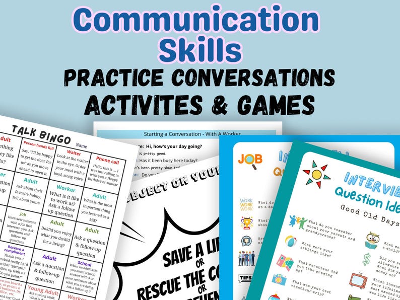Op de afbeelding: Een set printbare communicatievaardigheidsactiviteiten en -spellen voor kinderen. De spellen omvatten een bingokaart, een gespreksstarter, een blad met idee&euml;n voor sollicitatiegespreksvragen en een spel "Een leven redden of de bemanning redden".