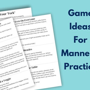 Printable papers with different table manners games. List of game ideas to practice good dining etiquette / table manners