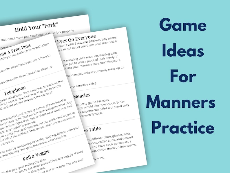 Printable papers with different table manners games. List of game ideas to practice good dining etiquette / table manners