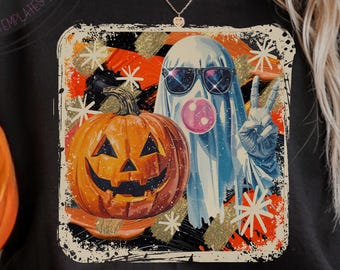 Glitter Ghost & Pumpkin PNG: Preppy Retro Halloween Design (Digital Download)