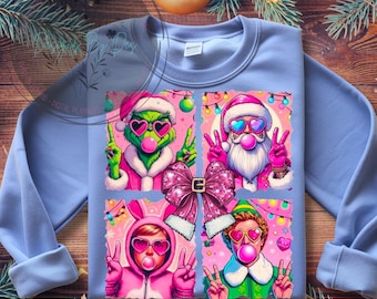 Pink Christmas PNG Bundle: Retro Characters, Bow (Digital Download)