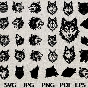 Op de afbeelding: Een verzameling zwart-wit wolf illustraties in diverse poses en stijlen. De afbeelding bevat gedetailleerde headshots, zijaanzichten en huilende wolven, geschikt voor grafische ontwerpen. Formaten: SVG, JPG, PNG, PDF, EPS.