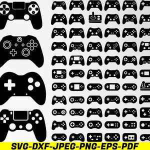 May include: Black and white graphic of various video game controllers, including classic designs and modern gamepads. The image also includes the text "SVG-DXF-JPEG-PNG-EPS-PDF" in yellow and black.