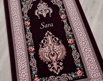 Personalised Deluxe Prayer Mat | Embroidered Sajada Rug | Wedding Nikkah Parents Islamic Gift | Qiblah Prayer Rug | plum