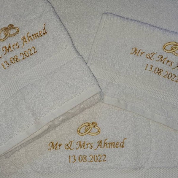 Wedding Mr and Mrs His and Hers Towels set hand Face towels luxury cream White rings band embroidered gift set bathroom house warming couple