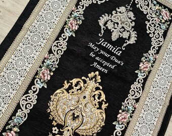 Premium Personalised Prayer Mat – Luxurious Custom Adult Sajada with Name Embroidery | Islamic Gift for Eid, Nikah, Ramadan, Shahada | Black