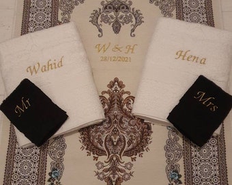 Muslim Wedding Gift Set – Personalised Couples Prayer Mat and Towels | Nikah or Walima Gift | Islamic Mr & Mrs | Newlywed Prayer Set