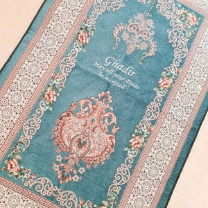 Personalised Deluxe Prayer Mat | Embroidered Sajada Rug | Wedding Nikkah Parents Islamic Gift | Qiblah Prayer Rug | Jade | Teal