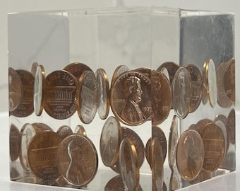 1973 Lucite Encased Penny Cube – Vintage 2.5” Acrylic Paperweight - Rare!