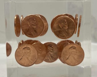 1990 & 1991 Mixed Pennies – Vintage Lucite Encased Cube – 2.5”