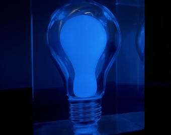 Vintage Pierre Giraudon Lucite Light Bulb Sculpture – RARE Blue Version – Glow-in-the-Dark Art