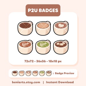 Op de afbeelding: Zes verschillende koffiemok-badges in verschillende maten, waaronder 72x72, 36x36 en 18x18 pixels. De badges tonen verschillende koffiedrankjes, zoals een latte, cappuccino en mocha. De tekst "P2U Badges" staat bovenaan de afbeelding. De tekst "72x72 - 36x36 - 18x18 px" staat onder de badges. De tekst "beniarts.etsy.com | Direct downloaden" staat onderaan de afbeelding.