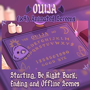 May include: A purple Ouija board with a planchette in the shape of a heart. The board has the letters of the alphabet, numbers 1-9 and 0, and the words "YES", "NO", "GOOD BYE". The image text reads "OUIJA (x4) Animated Screens Starting, Be Right Back, Ending and Offline Scenes".