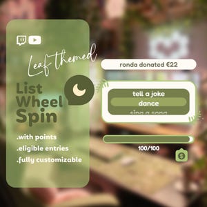 Puede incluir: Una pantalla digital verde y blanca con el texto "Leaf themed List Wheel Spin" y un icono de luna creciente. La pantalla también incluye el texto ".with points .eligible entries .fully customizable". Debajo de la pantalla hay una barra de progreso verde con el texto "100/100".