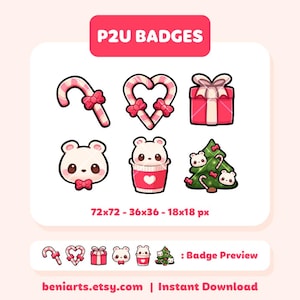 Puede incluir: Conjunto de cinco insignias con temática navideña que incluyen una caña de azúcar, un corazón, una caja de regalo, un oso polar en una taza y un árbol de Navidad con osos polares. Las insignias son de color rosa, blanco y verde. El texto "P2U BADGES" está en la parte superior de la imagen. El texto "72x72 - 36x36 - 18x18 px" está debajo de las insignias. El texto ": Badge Preview" está debajo de las versiones más pequeñas de las insignias. El texto "beniarts.etsy.com | Instant Download" está en la parte inferior de la imagen.