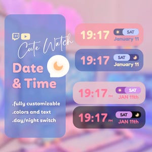 Puede incluir: Un widget de reloj digital personalizable con un esquema de color rosa y azul. El widget muestra la hora, la fecha y el día de la semana. También tiene un interruptor de día/noche y opciones para personalizar los colores y el texto.