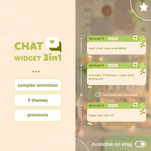 May include: A green and white chat widget for social media with the text "CHAT WIDGET 3in1" and features like complex animation, 3 themes, and pronouns. The widget is available on Etsy.