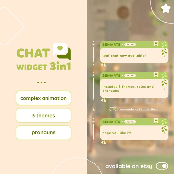 PACK 3in1 Chat Widget for Twitch with Alerts | Leaf Cozy Chat | Streamelements - OBS
