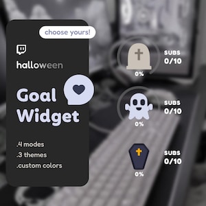 Può includere: Una grafica in bianco e nero con il testo "halloween Goal Widget" e un'icona a forma di cuore. La grafica include anche il testo "choose yours!" e elenca le funzionalità: 4 modalità, 3 temi, colori personalizzati. Ci sono tre icone con il testo "SUBS 0/10" e una percentuale sotto ogni icona. Le icone sono una lapide, un fantasma e una bara.