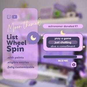 Può includere: Uno schermo digitale viola e bianco con una sovrapposizione di rotazione della ruota della lista a tema lunare. La sovrapposizione ha un'icona di luna crescente, il testo "List Wheel Spin" e il testo "with points, eligible entries, fully customizable". Lo schermo mostra una barra di avanzamento con il testo "86.3/100".