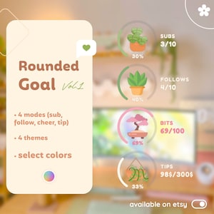 May include: A digital illustration of a goal tracker with four different categories: subs, follows, bits, and tips. Each category is represented by a potted plant with a percentage bar indicating progress towards the goal. The text "Rounded Goal Vol.1" is displayed at the top of the image. The text "available on etsy" is displayed at the bottom of the image.