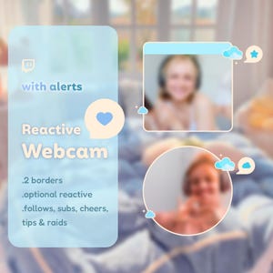 Puede incluir: Gráfico digital que promociona una "Webcam reactiva" con alertas, bordes y funciones reactivas. El diseño presenta una combinación de colores azul claro y blanco con iconos de nubes y estrellas. La imagen también muestra dos vistas borrosas de webcam.