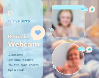 May include: A digital graphic promoting a "Reactive Webcam" with alerts, borders, and reactive features. The design includes a light blue and white color scheme with cloud and star icons. The image also shows two blurred webcam views.