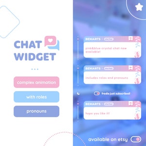 Puede incluir: Un widget de chat rosa y azul con animación compleja, roles y pronombres. El widget está disponible en Etsy. El texto "BENIARTS she/her" se muestra en el widget.